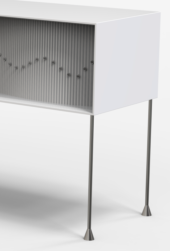 close up of modern/avant garde side board in white with studded and pleated curtain closure
